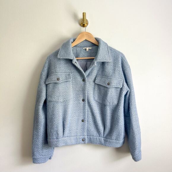 Mystree Fuzzy Soft Button Front Herringbone Shacket Blue S - Picture 1 of 10
